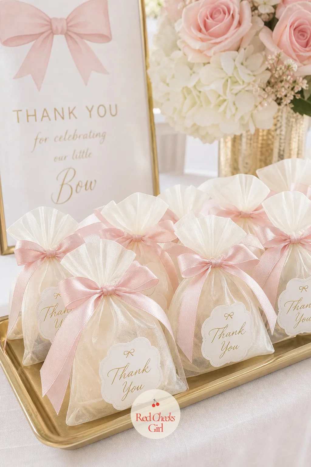 Bow Favor Bags — A favor still in its plastic clamshell undoes every other detail on the table. Bow theme baby shower ideas