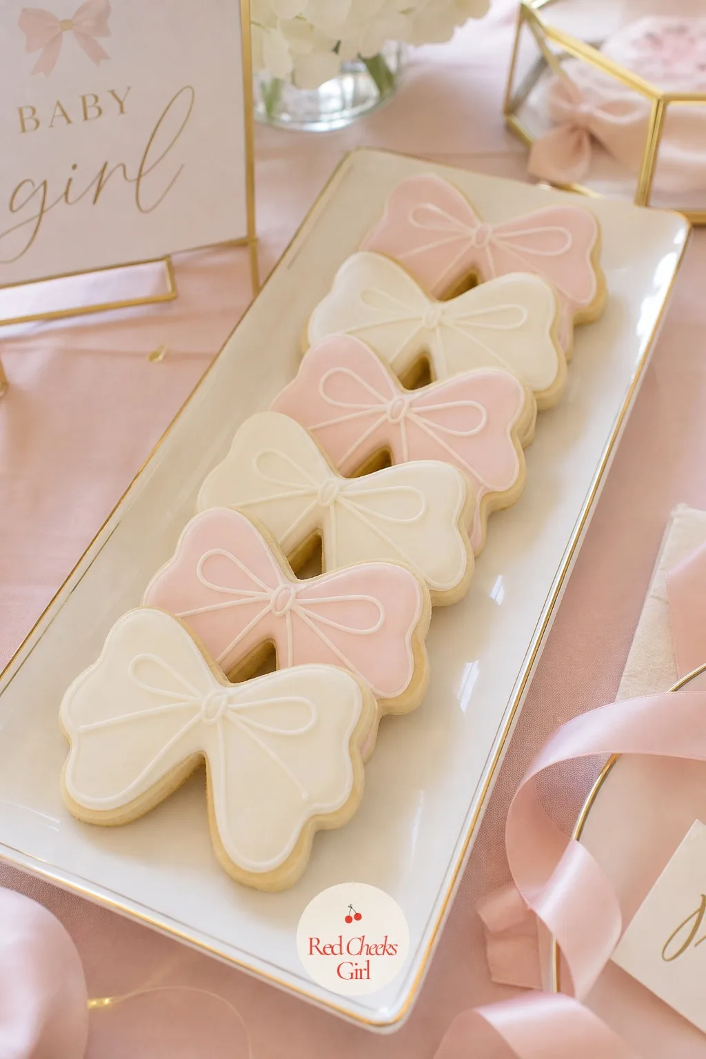 Bow Shaped Sugar Cookies — A plate of round sugar cookies disappears into every other dessert table ever photographed. Bow theme baby shower ideas