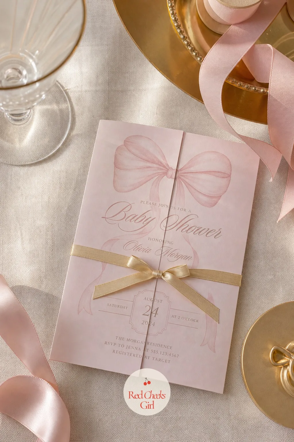 Bow-Print Invitation — She will decide what kind of party this is before she has even RSVPd, from the card alone. Bow theme baby shower ideas