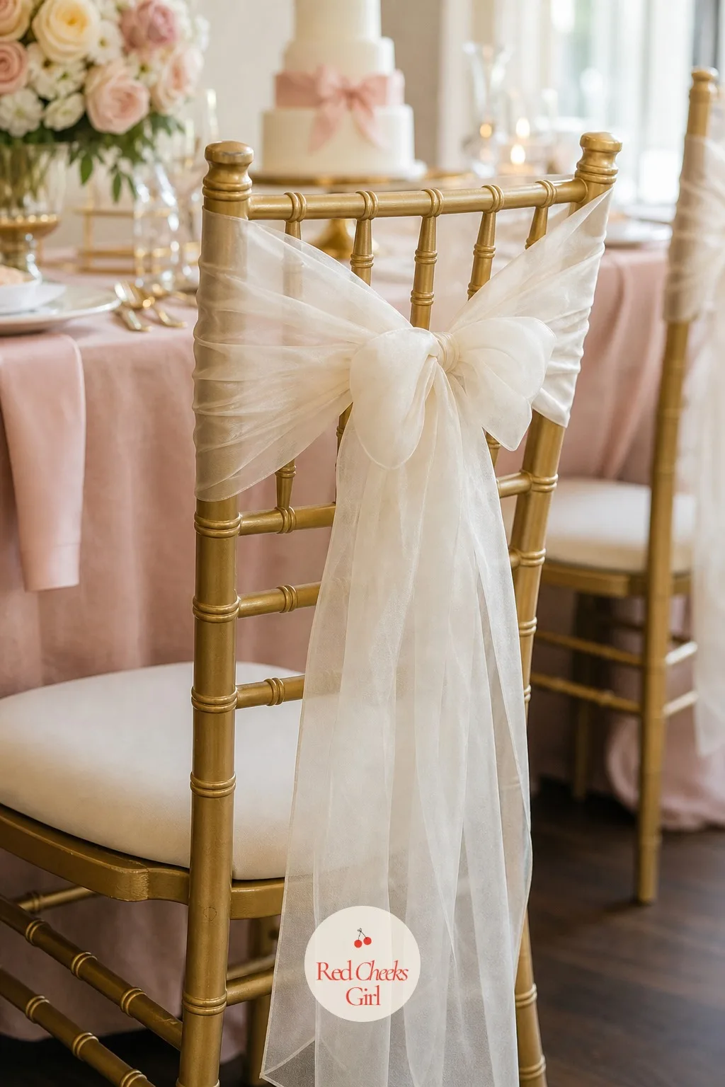 Chair Back Bows — A row of bare chairs around a dressed table looks half finished, like the decorating stopped at the tablecloth. Bow theme baby shower ideas