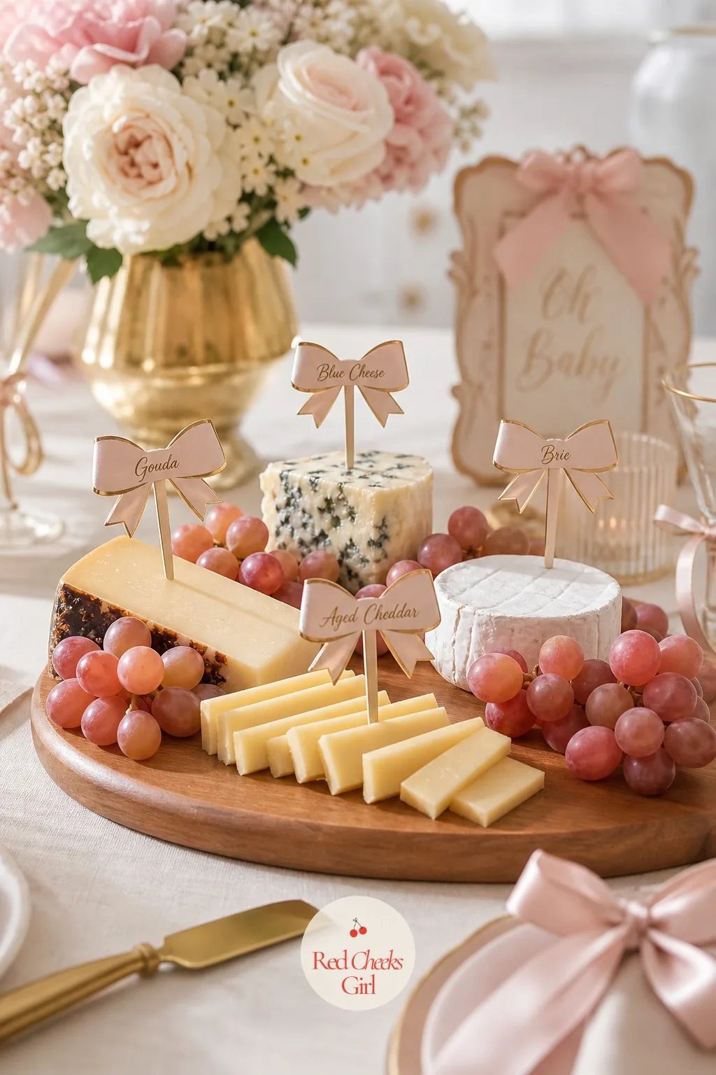 Cheese Board with Bow Picks — A cheese board needs labels or guests stand there guessing what they are eating, and a plain toothpick flag looks like an