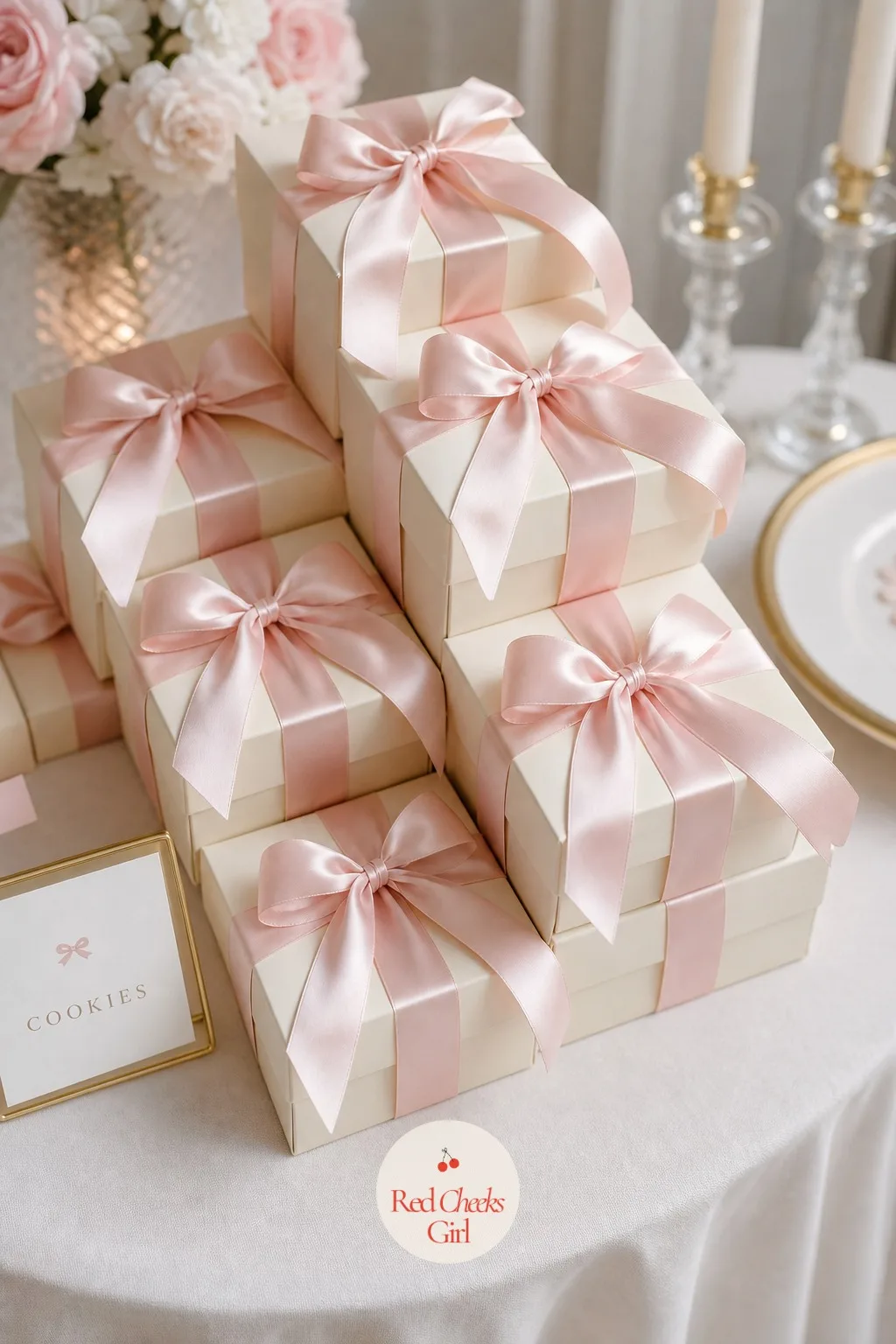 Cookie Boxes Tied Shut with Ribbon — A favor sticker on a cookie box reads like shipping tape. Bow theme baby shower ideas