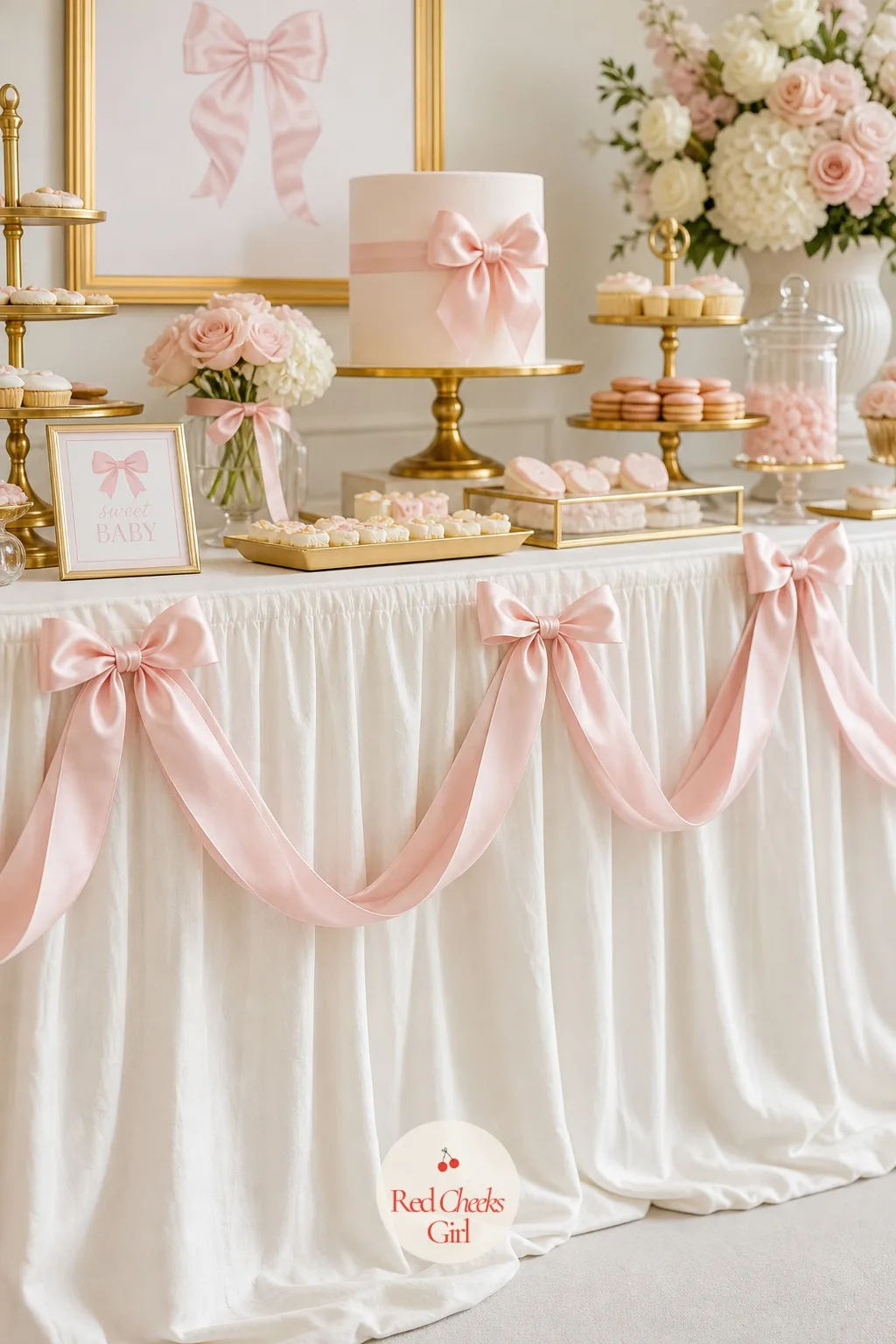 Dessert Table Ribbon Garland — A row of dessert stands lined up flat looks like a bakery case rather than a party table. Bow theme baby shower ideas
