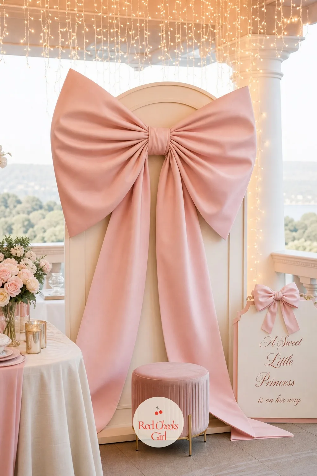 Giant Bow Photo Spot — A photo spot does not need a full backdrop wall if the dessert table has already claimed that job, a single striking object does the job