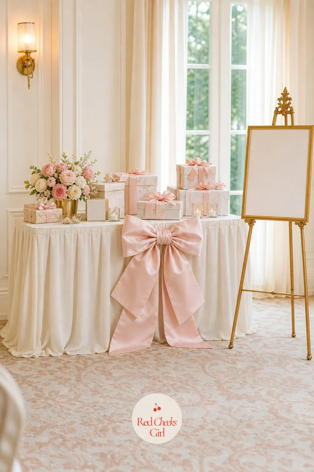 Gift Table with a Centre Bow — The gift table takes a beating over the course of a party, bags piling up and corners getting bumped, so it needs decoration