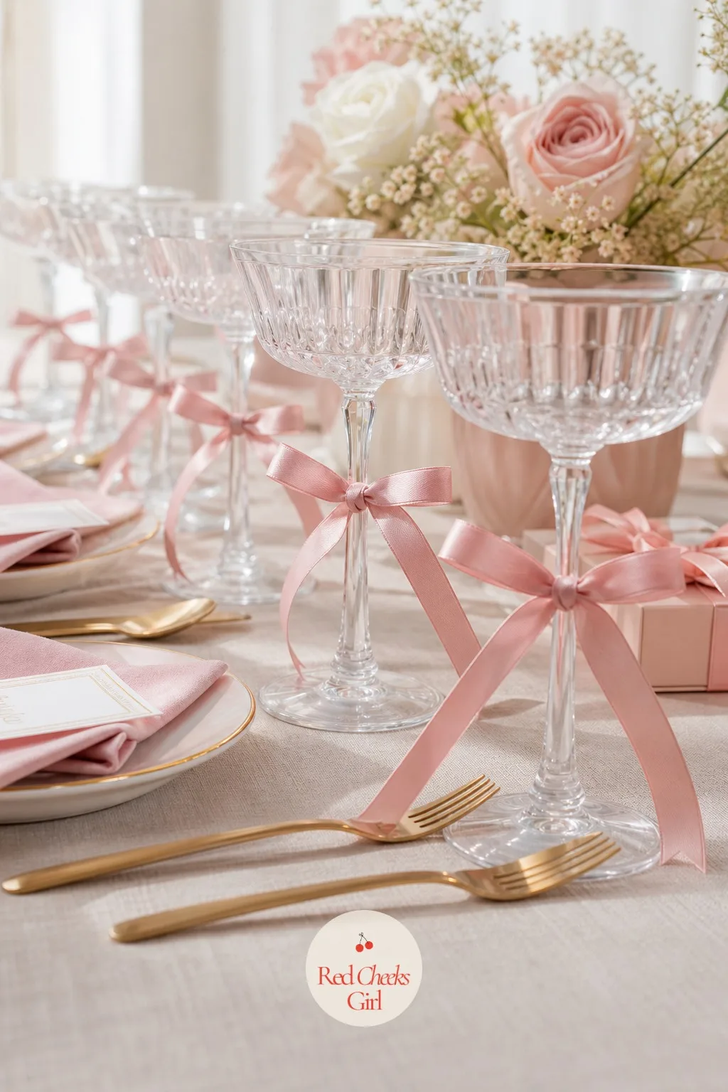 Glass Stem Bows — Place cards get lost, name tags peel off, but a ribbon tied round a glass stem does the same job and looks like decoration rather than