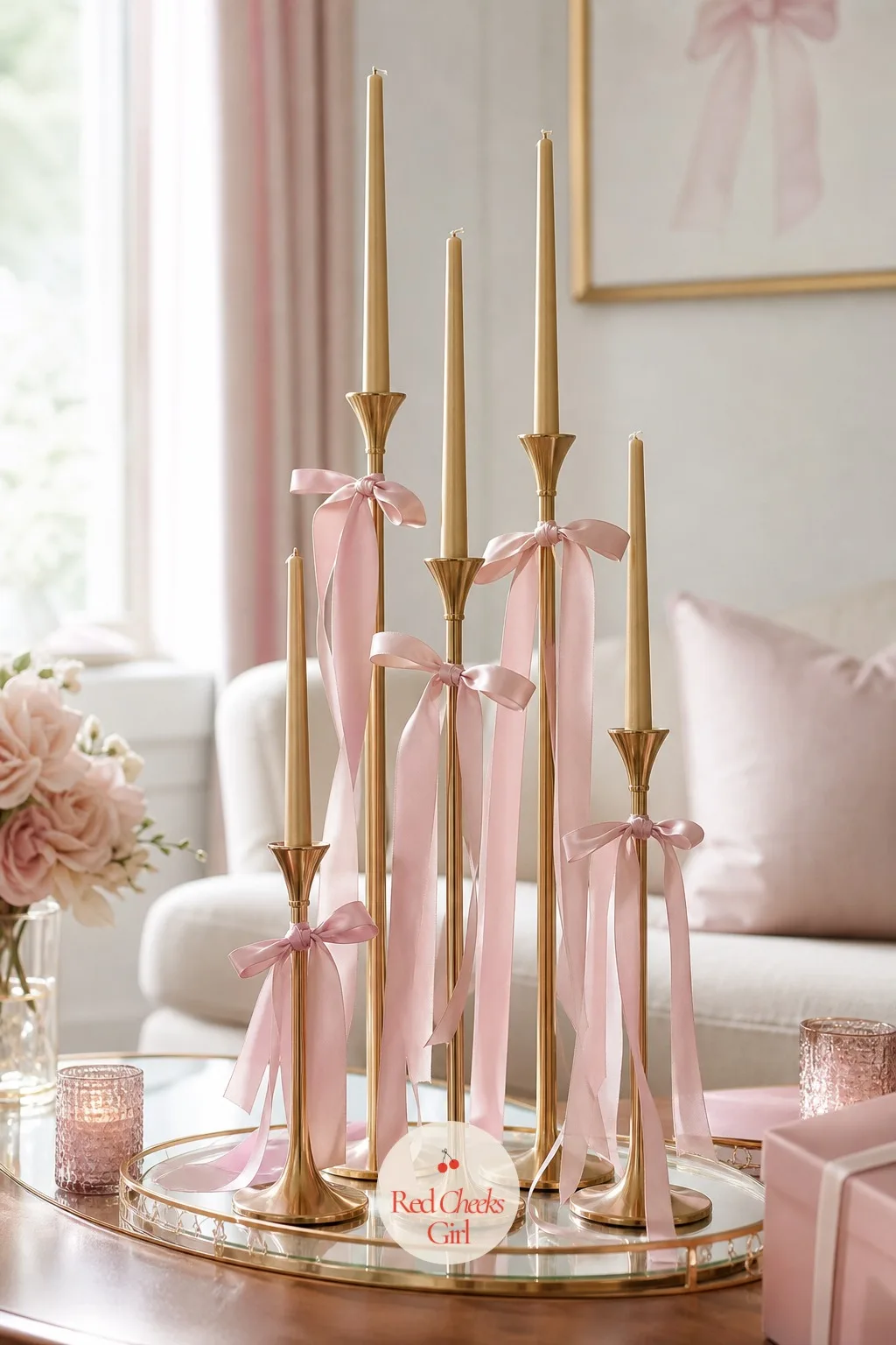 Gold Candlestick Cluster with Ribbon Streamers — An evening or low light shower needs a centerpiece that works once the sun goes down, and a candlestick