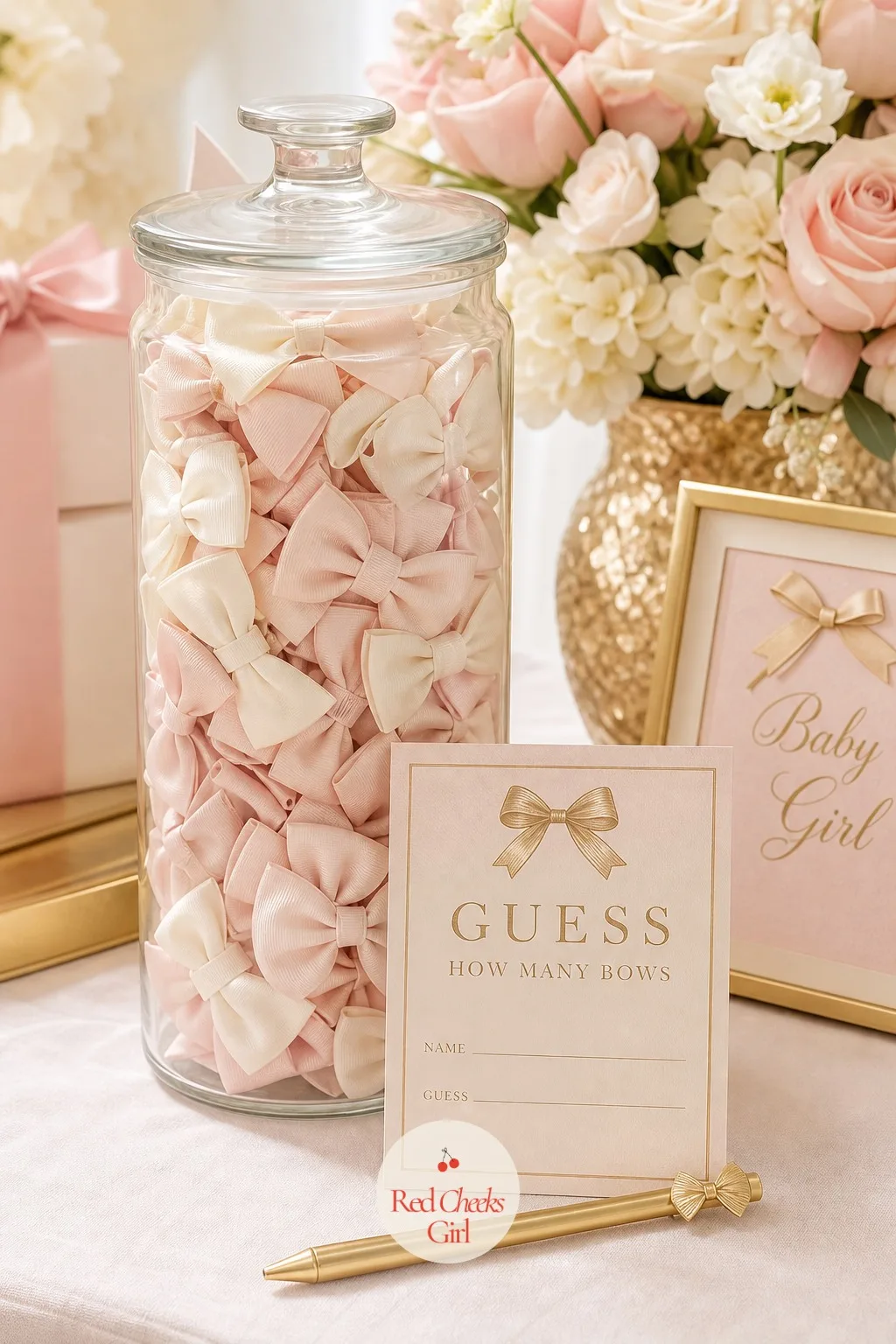 Guess How Many Bows — A counting jar game needs almost no setup and keeps running quietly in the background the entire party, no turn taking required. Bow