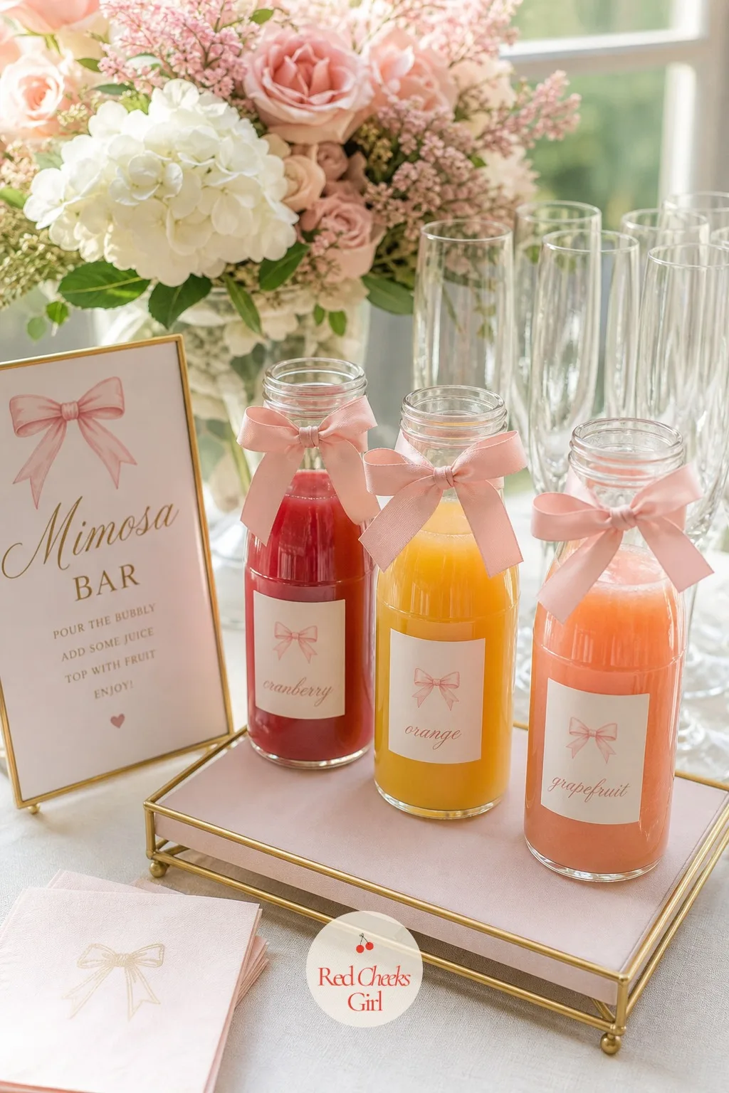 Mimosa Bar with Bow Clipped Bottles — A mimosa bar needs almost no extra decoration to earn its spot as the most photographed table at a daytime shower, it