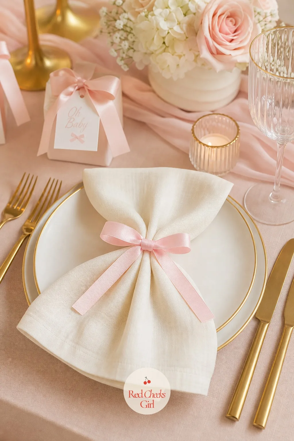 Napkin Bows at Each Place Setting — A folded napkin sitting flat on a plate looks like it arrived that way from the laundry. Bow theme baby shower ideas