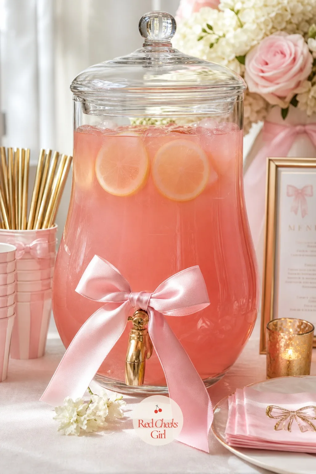 Pink Lemonade Dispenser with Ribbon Spigot — A plain glass drink dispenser sitting on the table reads as a solution to thirsty guests, not as decoration. Bow