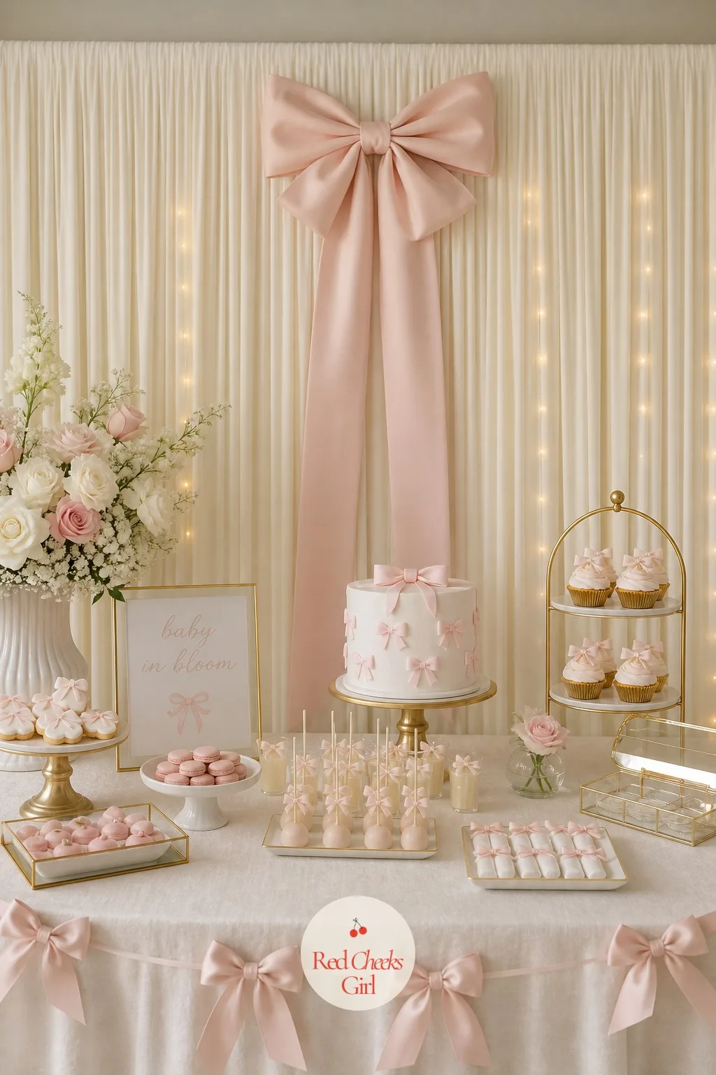 Pleated Ivory Backdrop with a Single Bow — A backdrop crowded with print and streamers fights the cake table for attention. Bow theme baby shower ideas