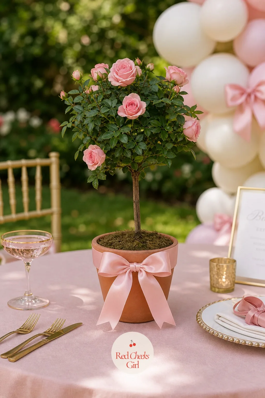 Potted Rose Topiary Centerpiece — An outdoor shower on a patio or in a garden calls for something that will not wilt in an afternoon sun the way cut flowers