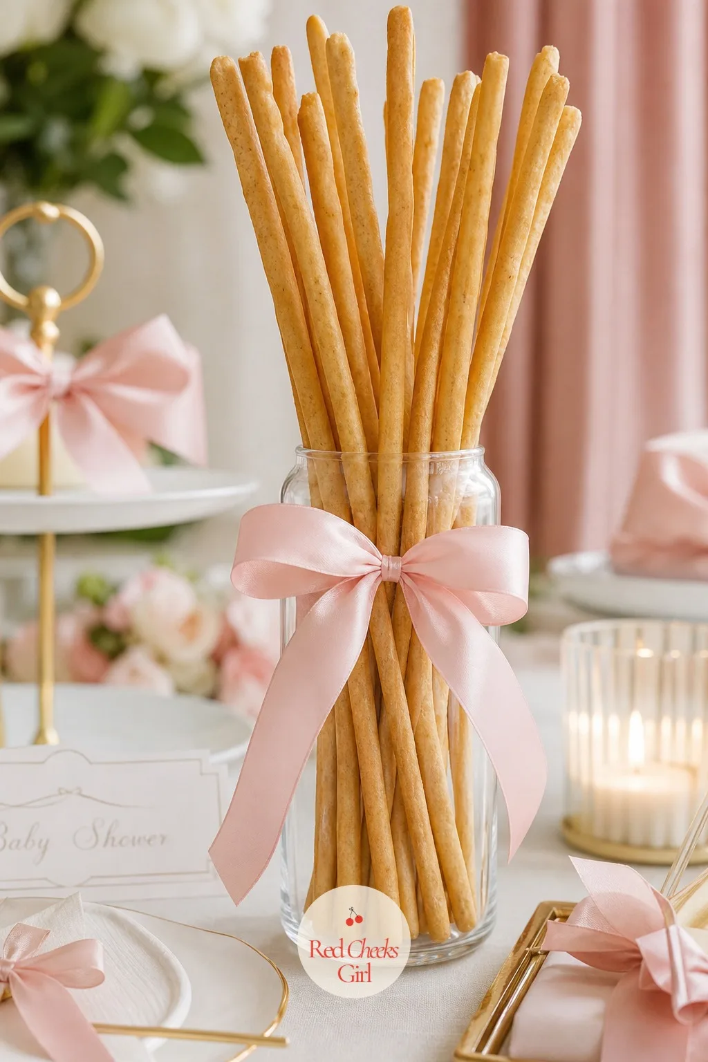 Ribbon Tied Breadstick Bundles — Savory food on a sweets focused table usually gets no styling at all, just a bowl and a serving spoon. Bow theme baby shower