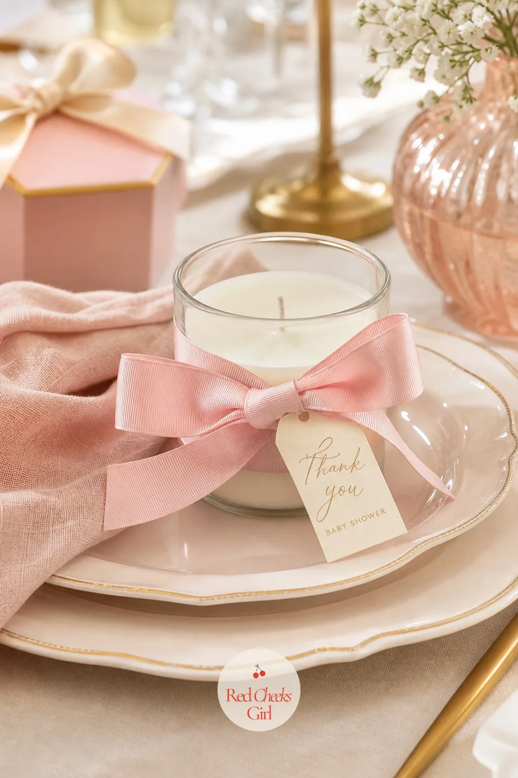 Ribbon Wrapped Candle Favor — A candle favor usually arrives in its own retail box, already finished before it reaches your table. Bow theme baby shower ideas