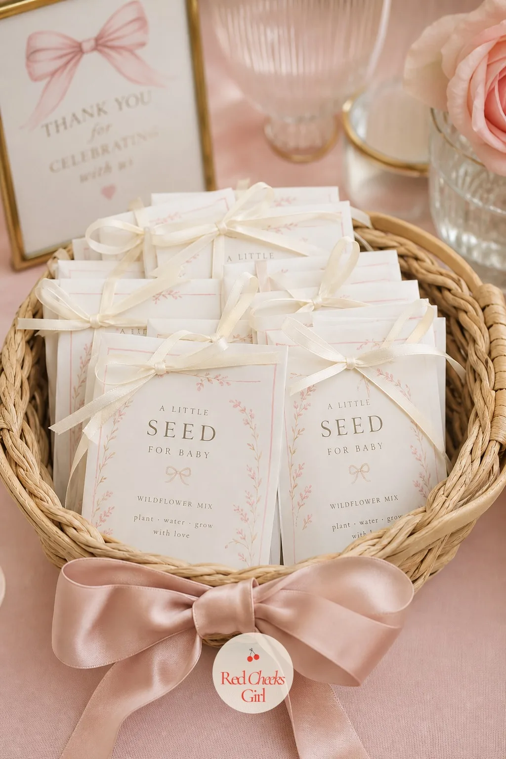 Seed Packet Favor in a Basket — A seed packet favor says grow something, which suits a baby shower better than most of the usual trinkets do, and it costs