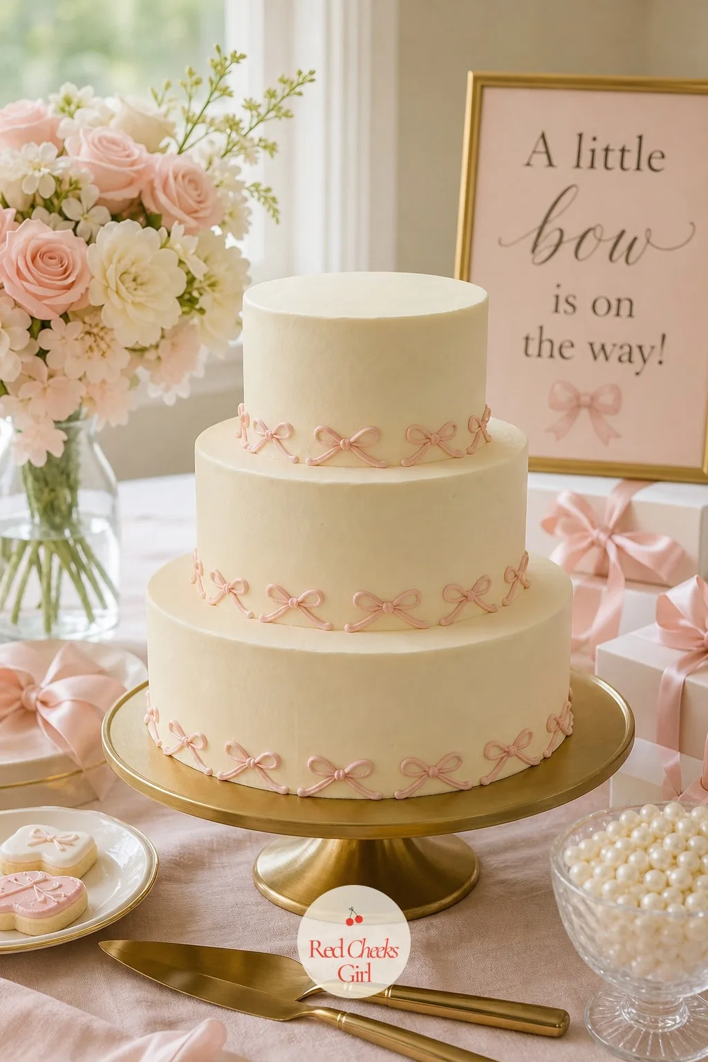 Three Tier Bow Cake — The cake is the one object every guest photographs before it gets cut, so it carries the theme's one big statement. Bow theme baby shower
