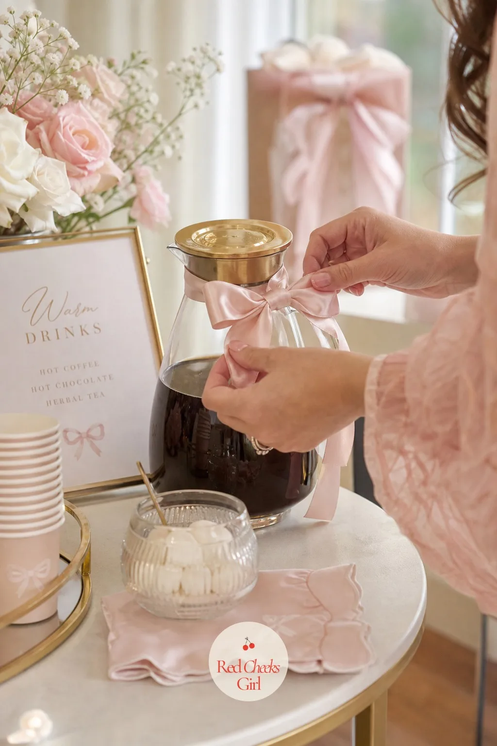 Warm Drink Station with Ribbon Carafe — A cooler season shower needs something warm on the drinks table, and a plain carafe of coffee or cocoa looks