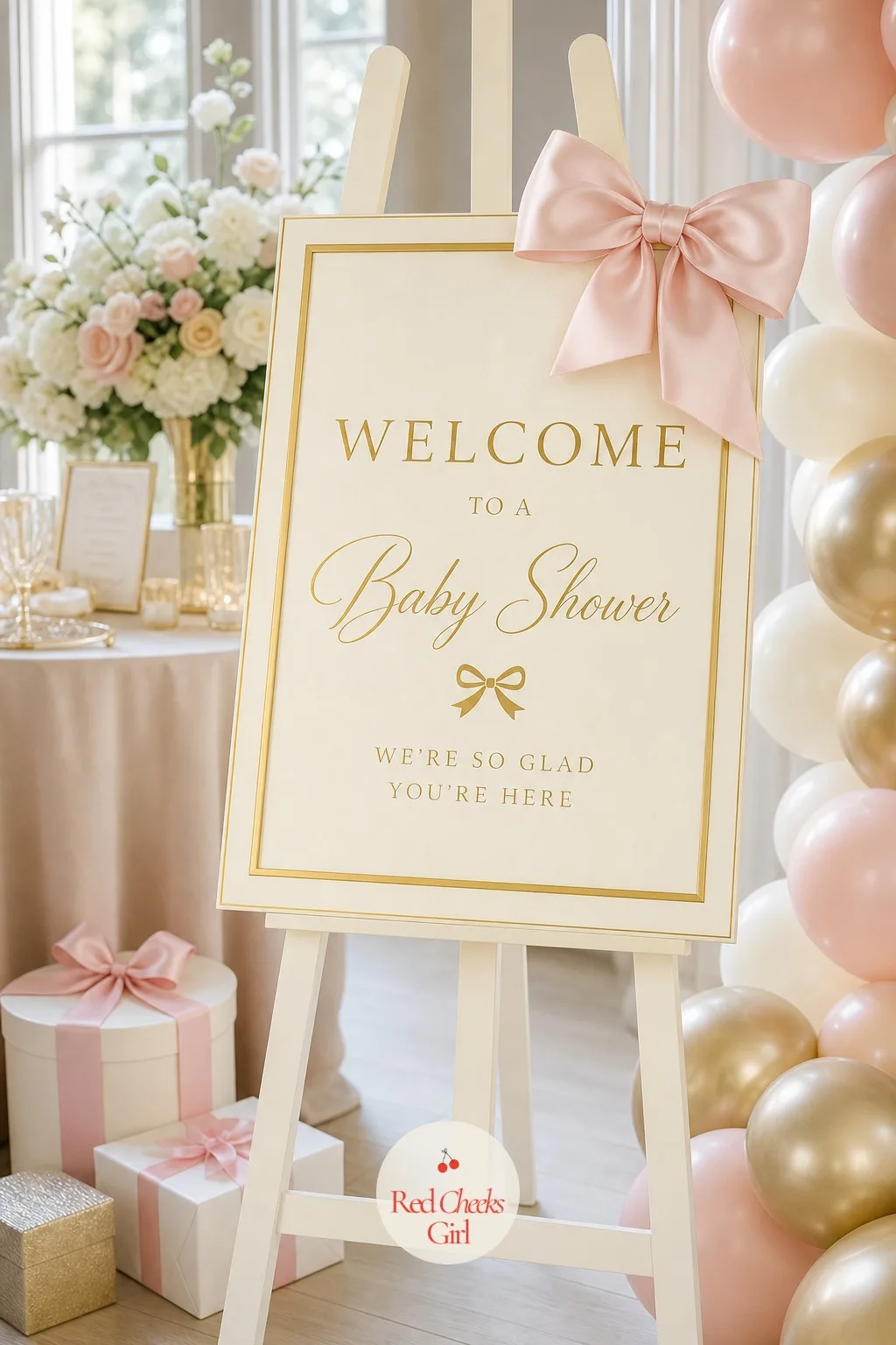Welcome Sign with Ribbon — Nobody reads a welcome sign for long, they clock the shape of it and walk past, so make the shape do the work. Bow theme baby shower