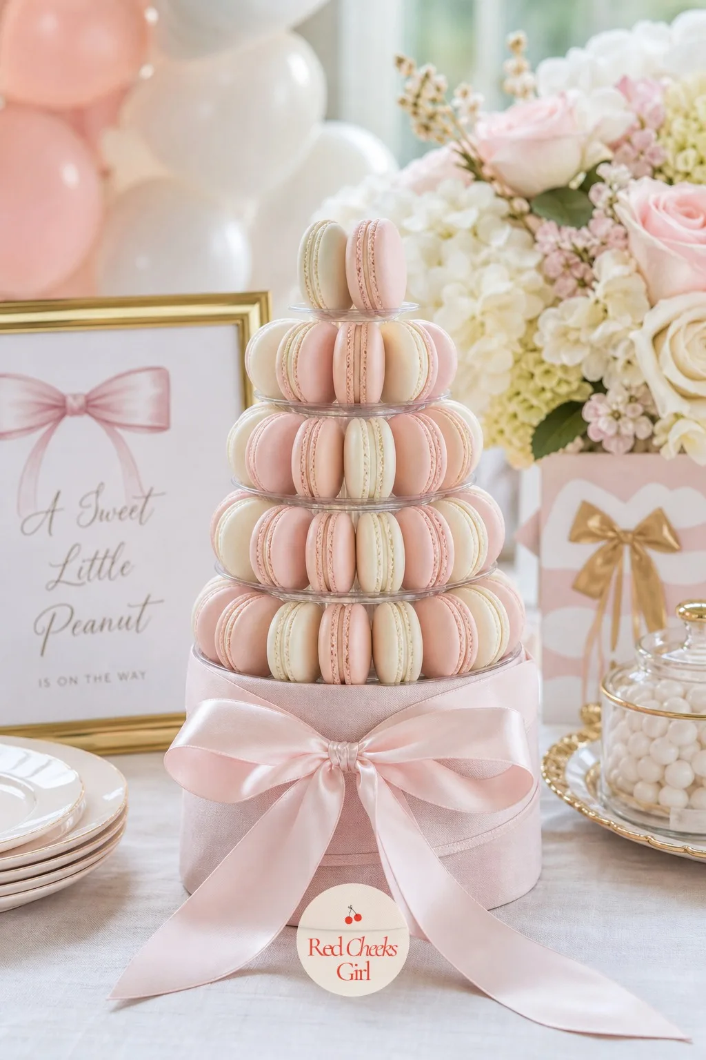 Wrapped Macaron Tower — Macarons already look fussy enough without extra decoration, so the ribbon does all the finishing here. Bow theme baby shower ideas