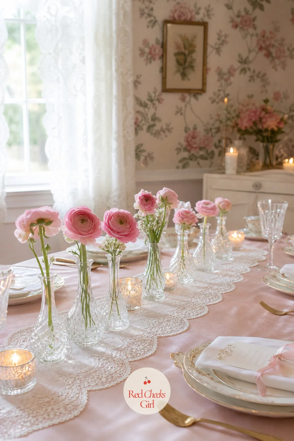 Antique Lace Under Bud Vases — A single bud vase can look a little stranded on a plain tablecloth. Bridal shower centerpieces