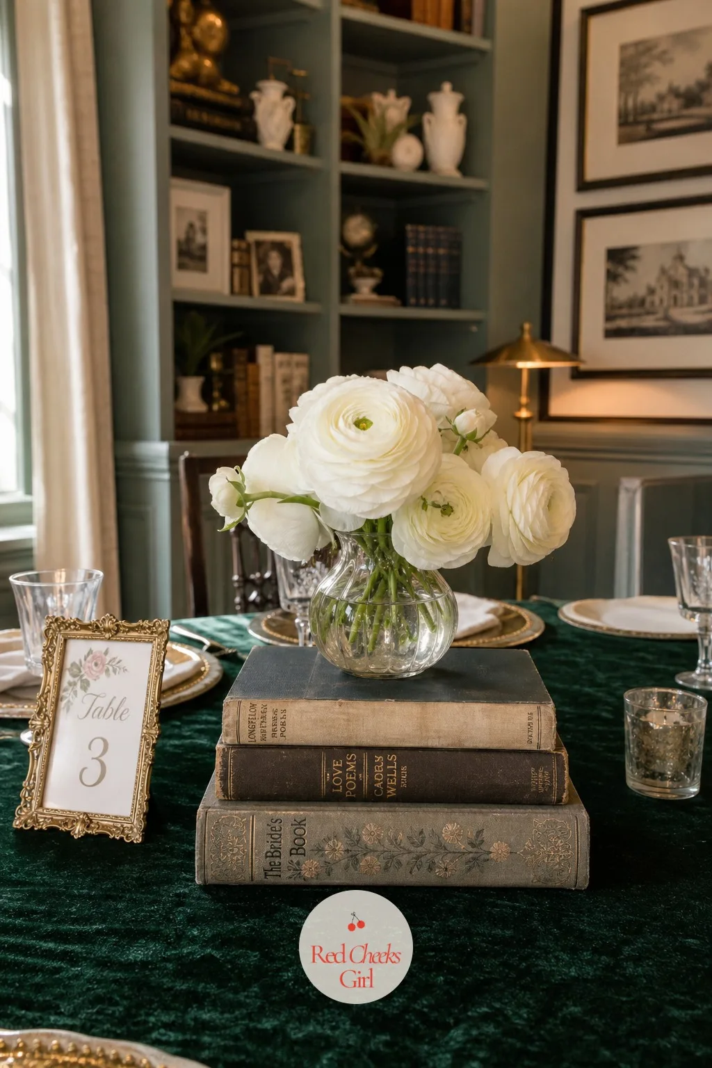 Books With Flowers — Not every bride wants a table full of flowers and nothing else. Bridal shower centerpieces