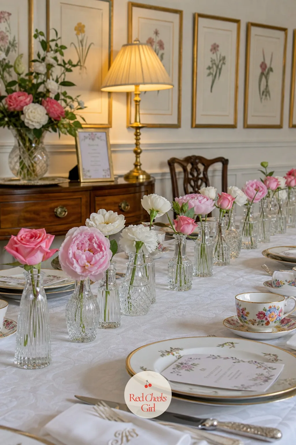 Bud Vases in a Row — One big arrangement in the middle of the table can swallow half the flower budget on its own. Bridal shower centerpieces