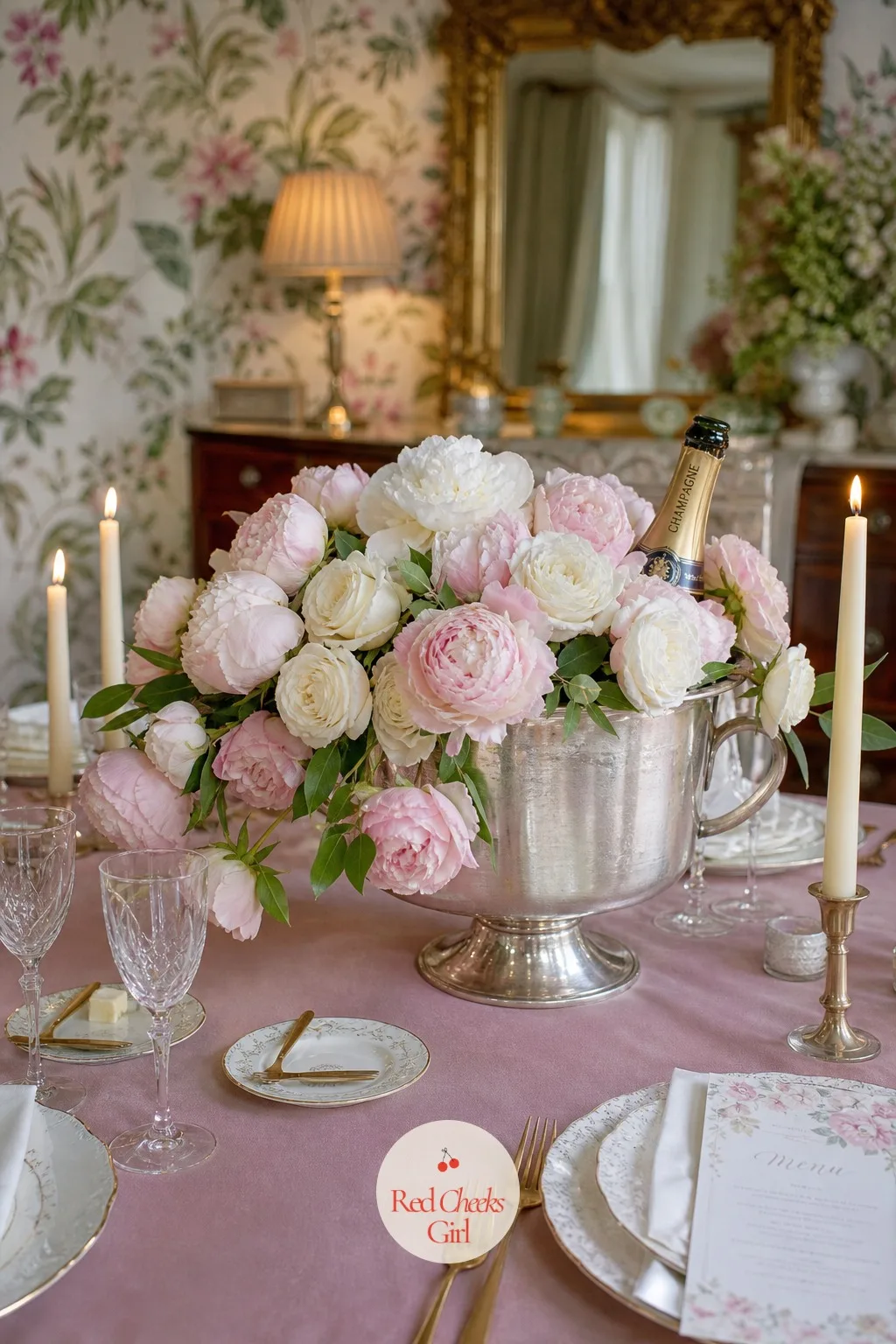 Champagne Bucket With Peonies and Garden Roses — A bucket of ice at the edge of the table reads as practical, not pretty. Bridal shower centerpieces