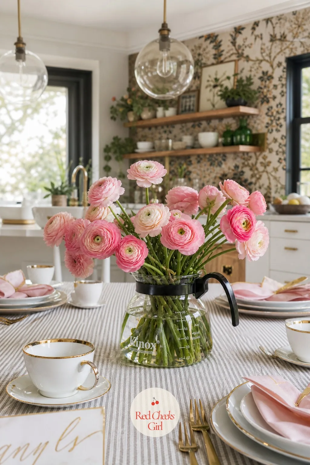 Coffee Carafes as Vases — Buying a dozen vases for one afternoon never makes sense. Bridal shower centerpieces