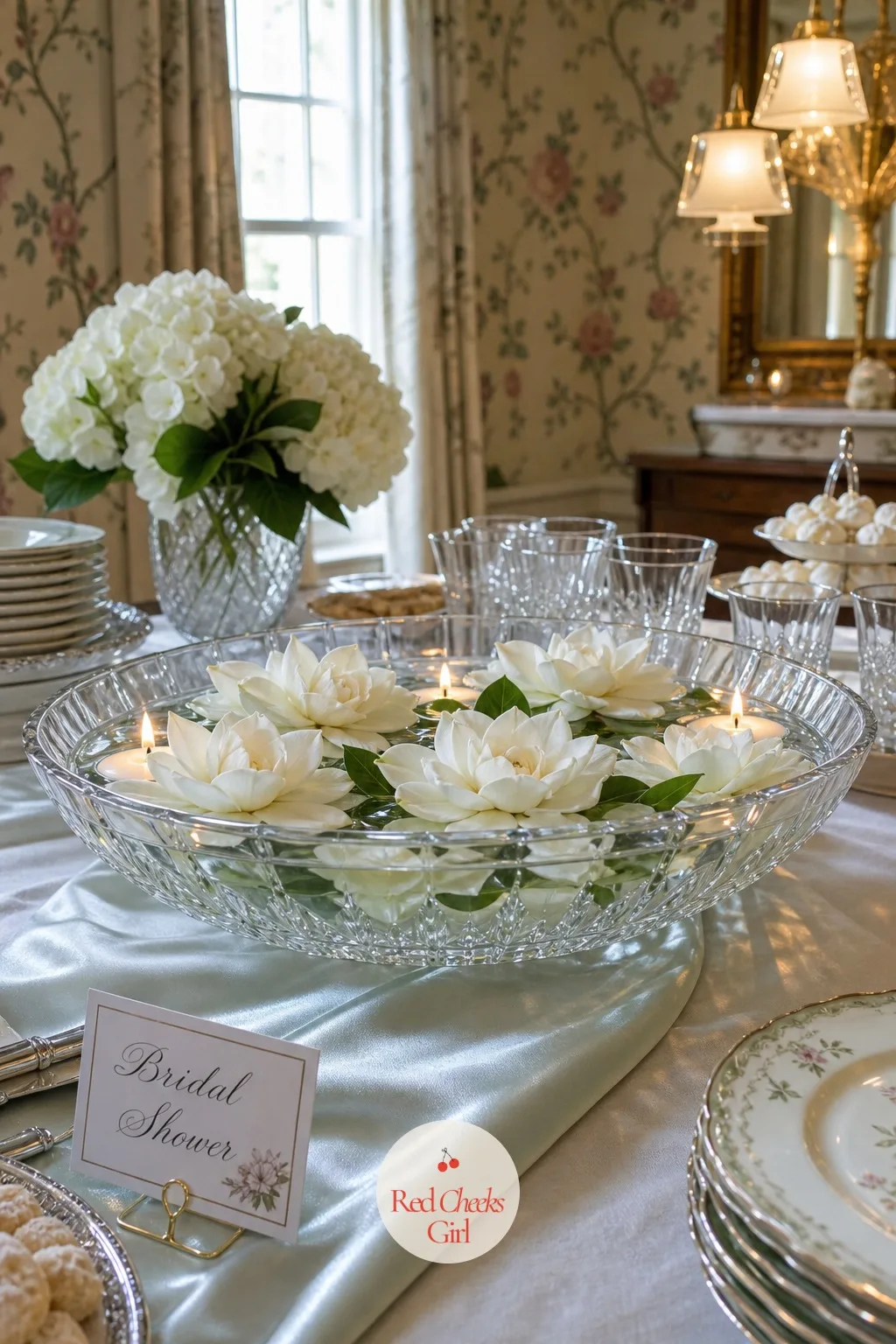 Floating Gardenias in a Crystal Punch Bowl — A tall arrangement in the middle of a drinks or dessert table just gets in the way of the serving spoons. Bridal