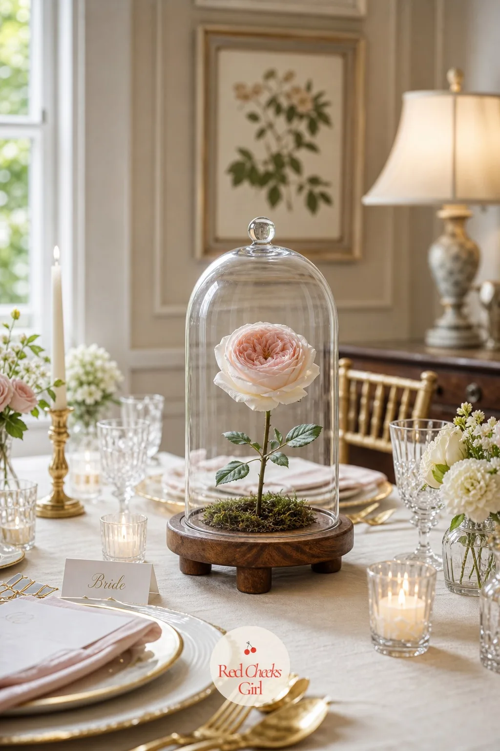 Glass Cloche Dome Over a Single Garden Rose — One perfect flower can get lost between place settings and serving dishes. Bridal shower centerpieces