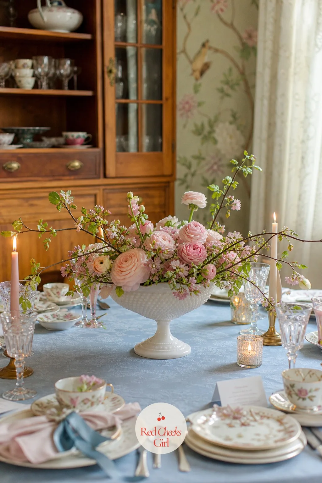 Milk Glass Compote With Ranunculus and Quince Branches — A plain clear vase can feel a little cold next to good china and candlelight. Bridal shower