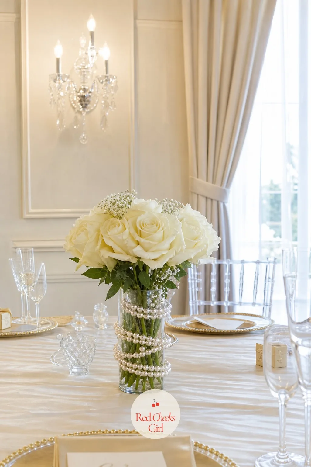 Pearl Strands Around Vases — A plain glass vase can look unfinished next to good china. Bridal shower centerpieces