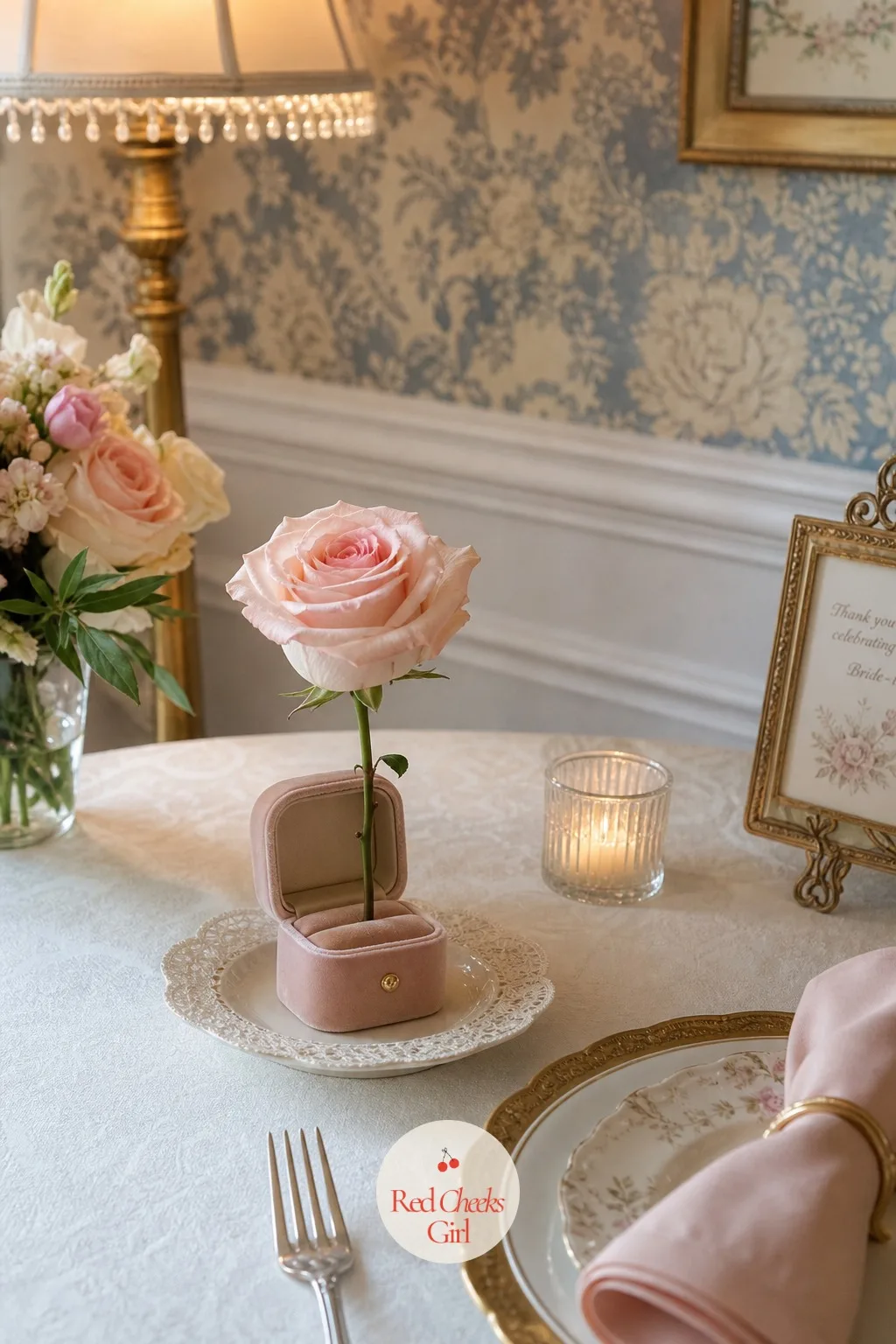 Ring Box With a Single Stem — A card table or a small side table does not need a full arrangement competing for space. Bridal shower centerpieces