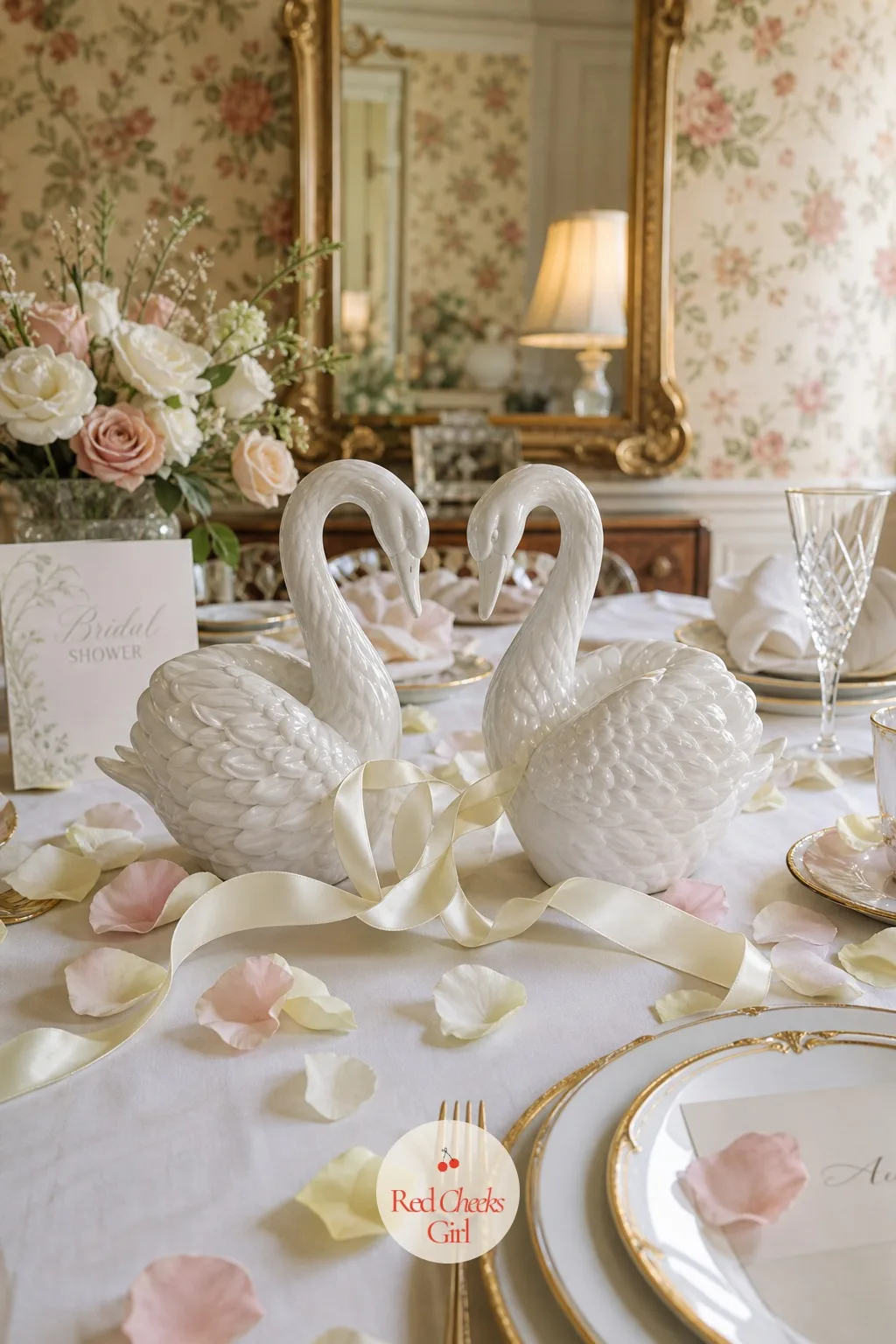 Swans With Ribbon — Flowers alone can start to feel like every other shower on the block. Bridal shower centerpieces