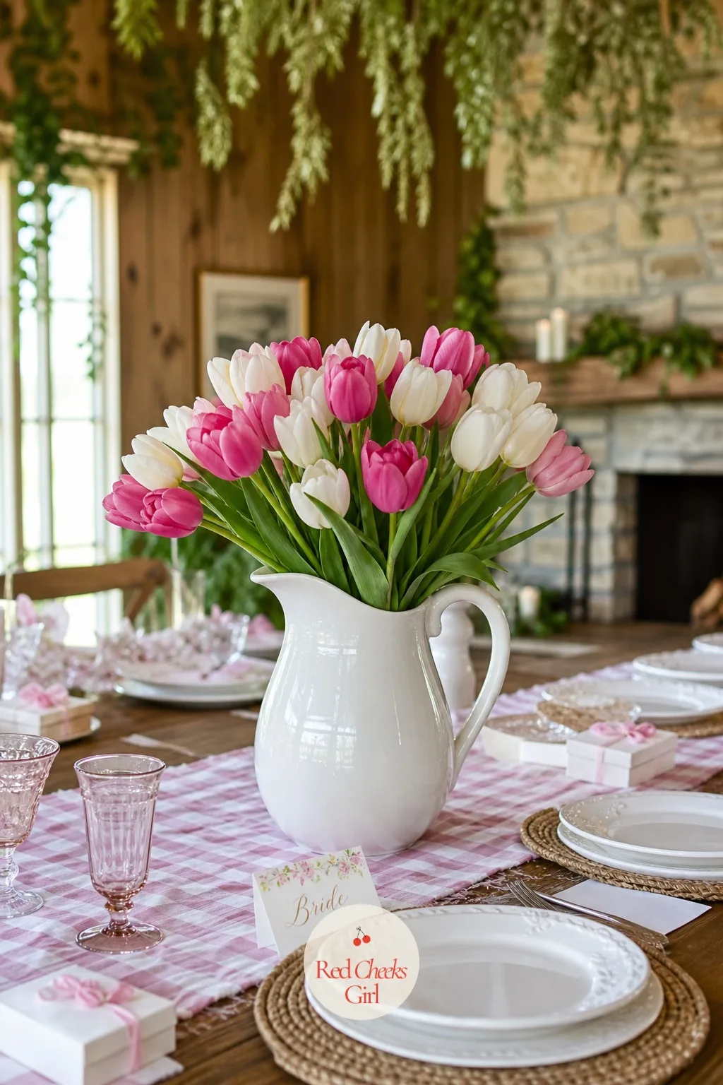 Tulips in a White Pitcher on a Long Farmhouse Table — A long farmhouse table swallows a single small vase whole. Bridal shower centerpieces