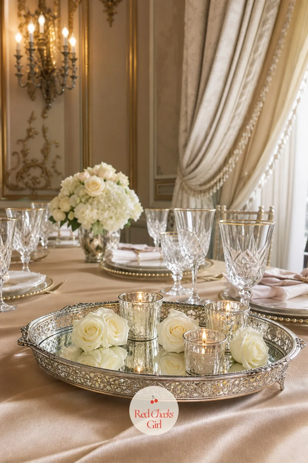 Vintage Silver Trays With a Mirror Base — A cluster of candles or a single small vase can look lost in the middle of a large table. Bridal shower centerpieces
