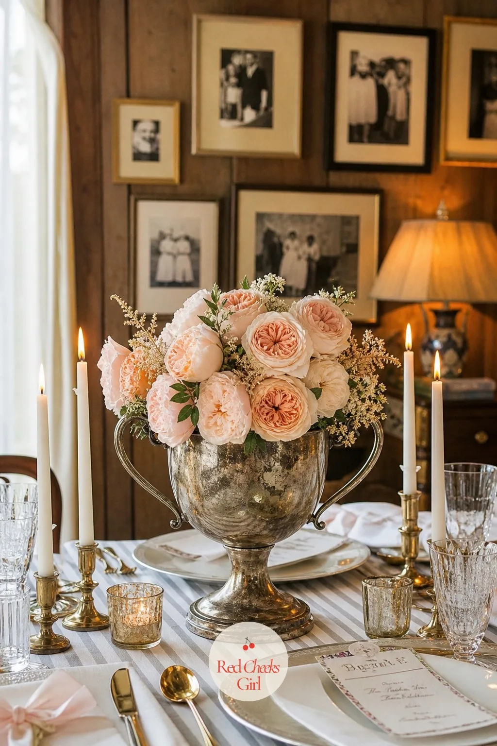 Vintage Trophy Cup Filled With Garden Roses — Every vase on the table starts to look the same after the third one. Bridal shower centerpieces