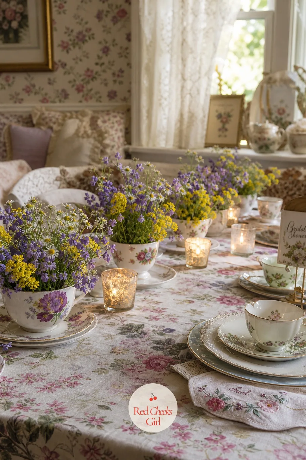 Wildflowers in Vintage Teacups — Matching vases can make a casual shower feel like a stiff wedding rehearsal. Bridal shower centerpieces