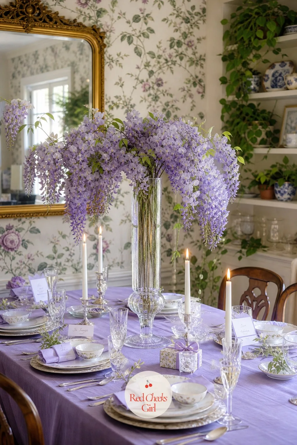 Wisteria in Tall Vases — A table full of low arrangements can start to feel flat after the first course. Bridal shower centerpieces