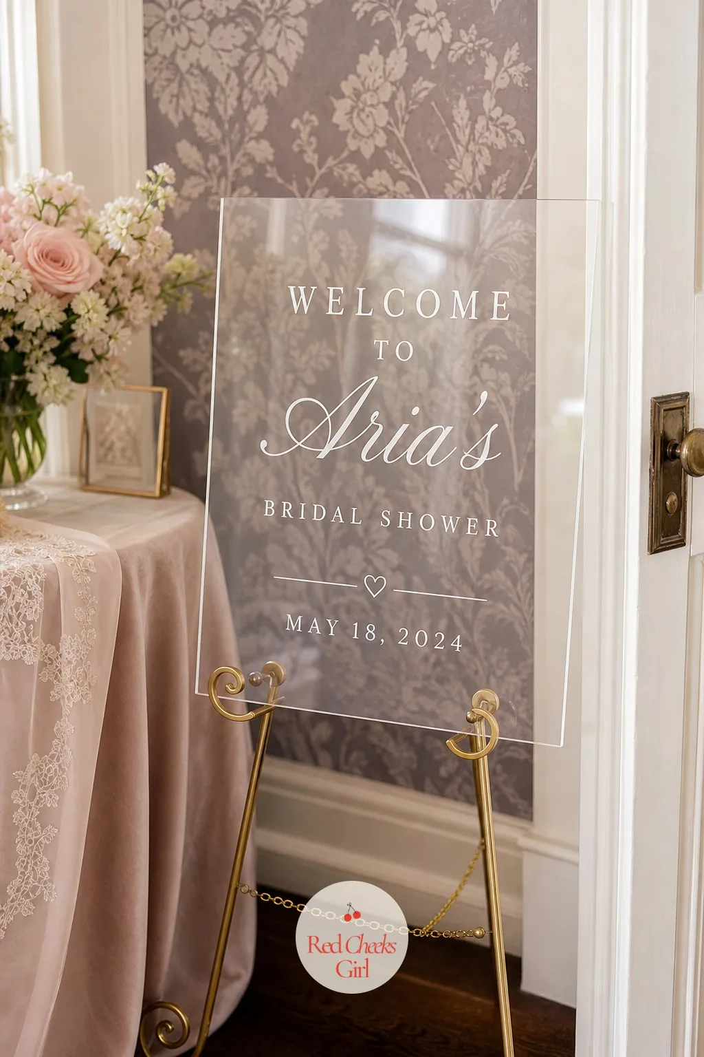 Acrylic Welcome Sign — A clear acrylic sign at the door does the job a paper one cannot, it reads as polished without a single frame or mat needed. Bridal