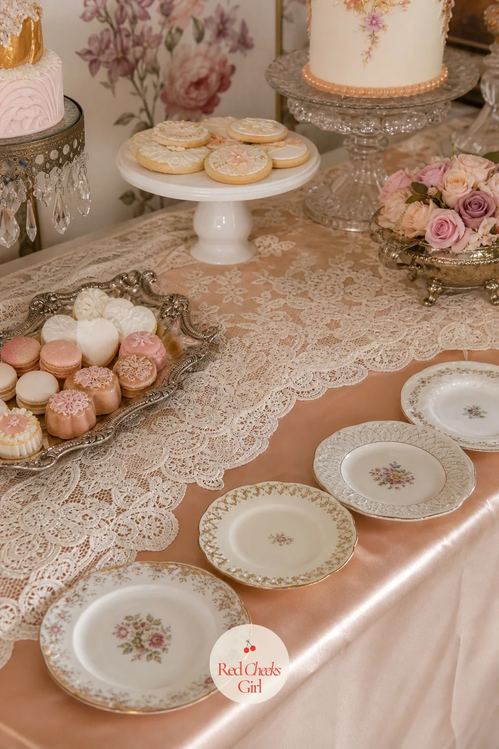 Antique Lace Runner Under the Dessert Table — A plain dessert table reads like a buffet. Bridal shower decorations