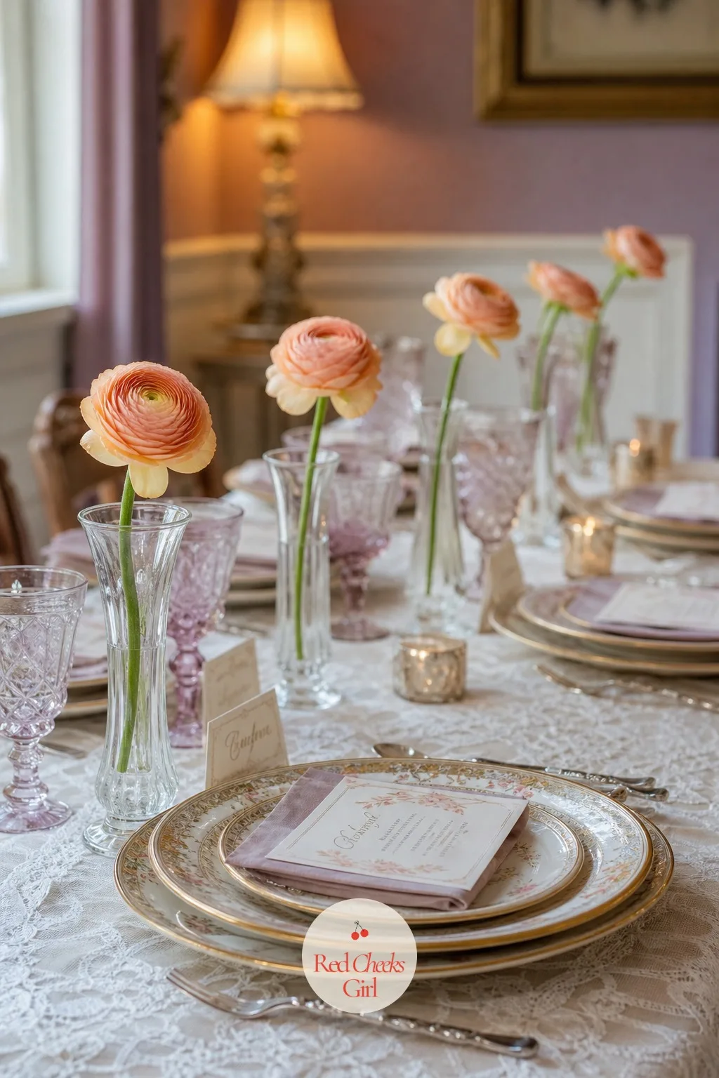 Bud Vases at Each Place Setting — Where the runner above is one long gesture, bud vases are small and personal, one tiny glass stem at every place. Bridal