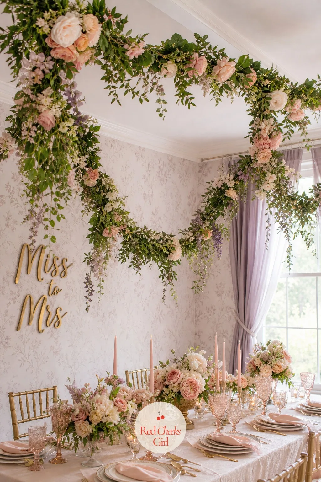 Ceiling of Hanging Floral Garlands — Where ribbon is light, a garland ceiling is lush, mixed greenery and blush blooms swagged corner to corner so the whole