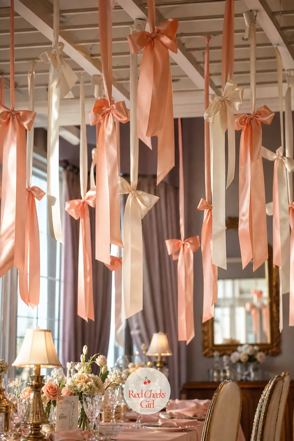 Ceiling of Hanging Ribbon Bows — Look up and the room keeps decorating itself: loose satin bows, hung at different heights above the table, catch the lamp