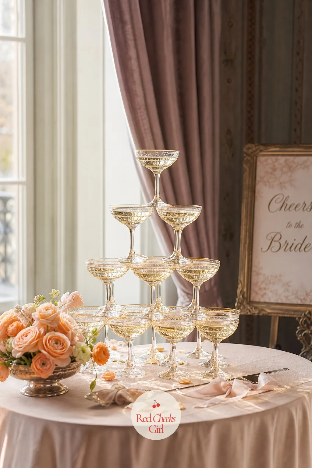 Champagne Tower — A champagne tower is pure theatre, build it and the pour becomes the activity, no extra planning required. Bridal shower decorations
