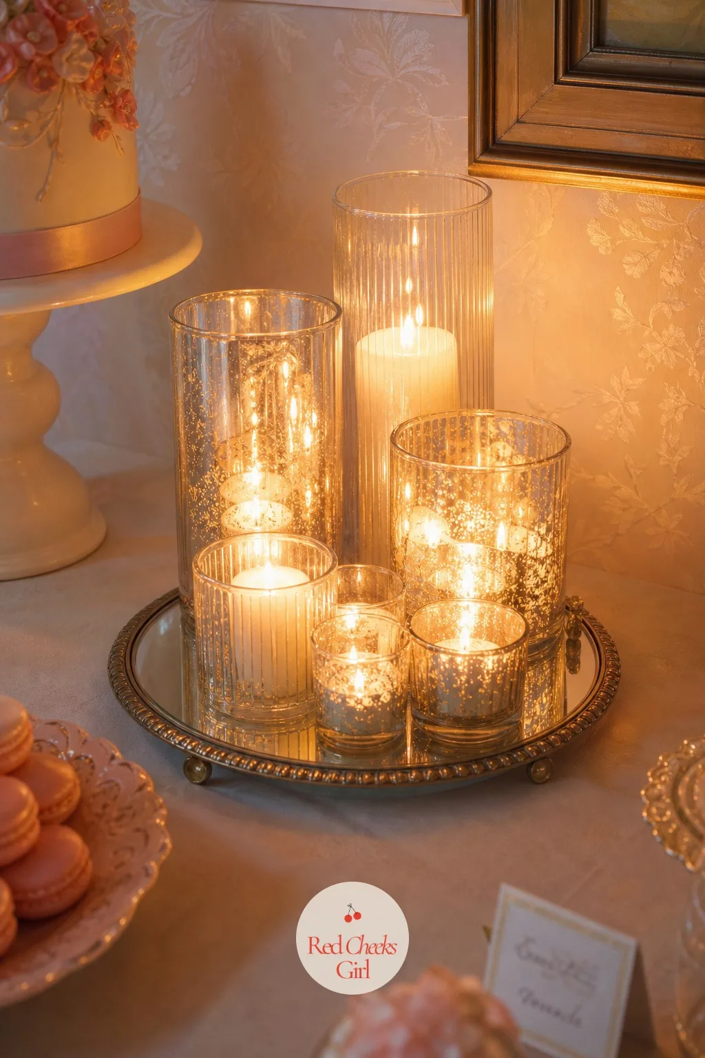 Clustered Votive Candles — Where tapers run the length of the table, votives cluster, a tight group of three or five small glass candles set together near the