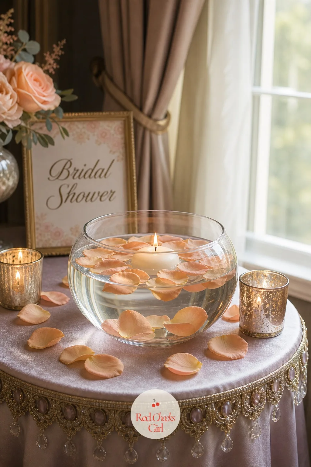 Floating Candles in Glass Bowls — A shallow glass bowl, a few inches of water, one floating candle and a scatter of loose petals, this is the easiest