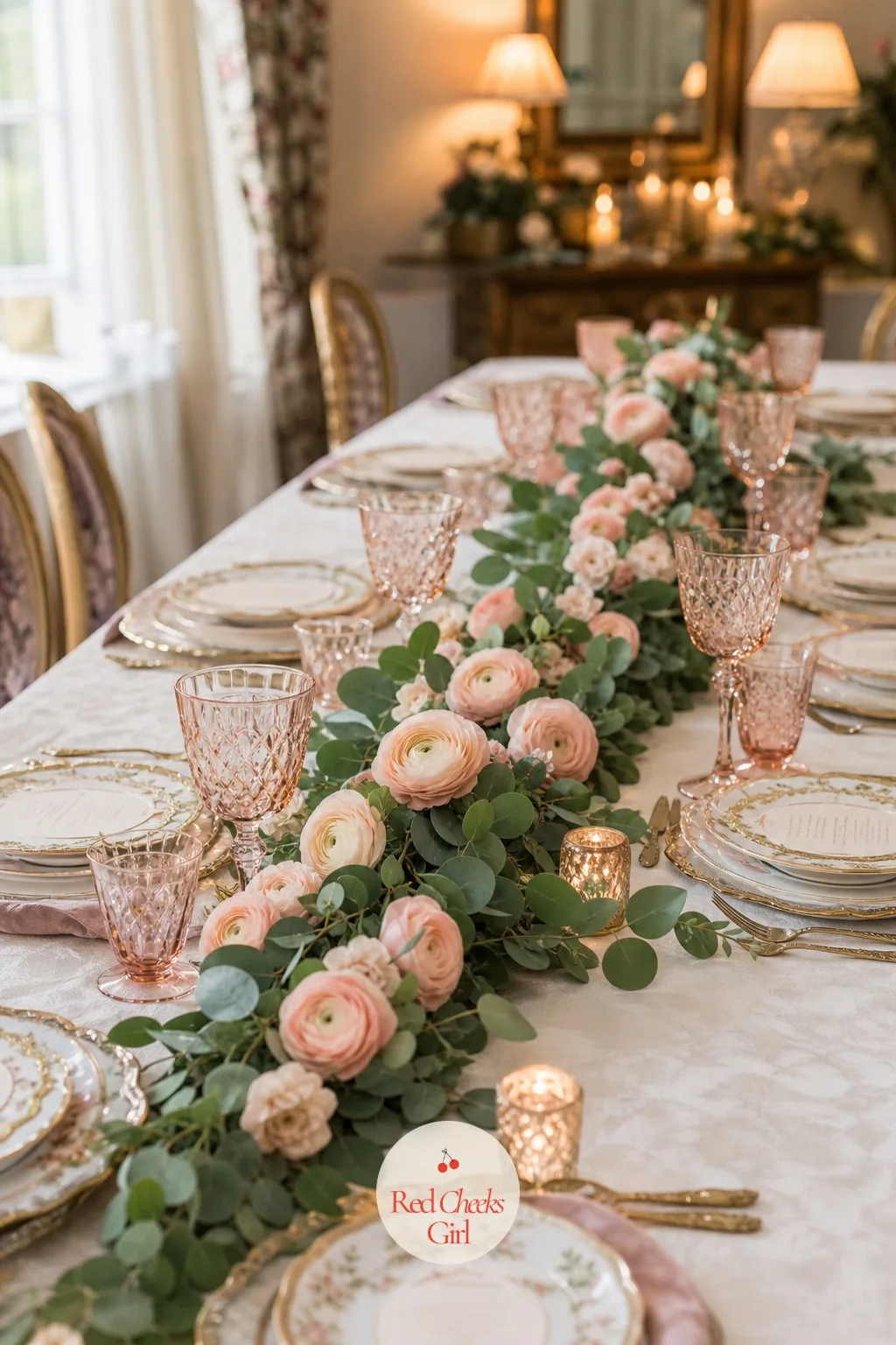 Floral Table Runner Garland — Running the whole length of the table, a floral garland does the job a dozen small centrepieces would otherwise need, in one