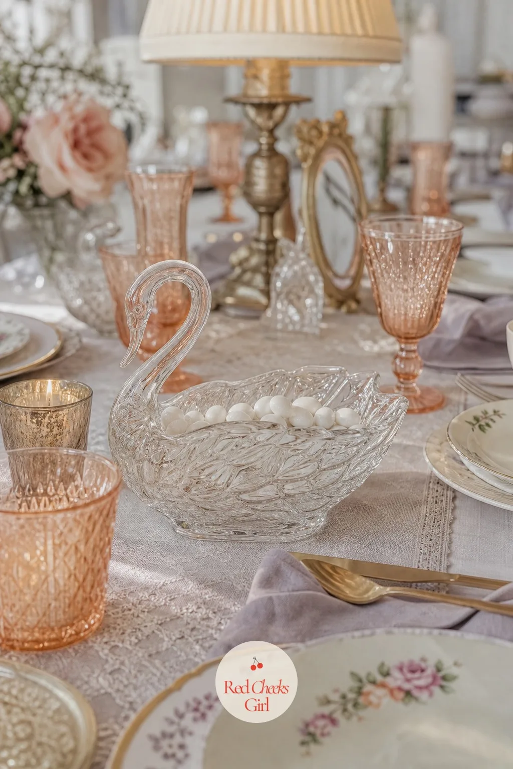 Glass Swan Dish — Small and old-fashioned in the best way, a glass swan dish holding mints or sugared almonds sits at intervals down the table among the